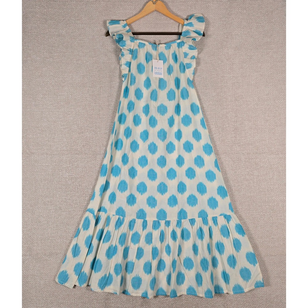 Mer St. Barth Eva Ruffle Dress Cream Aqua Ikat Blue‎ White Midi Small NEW